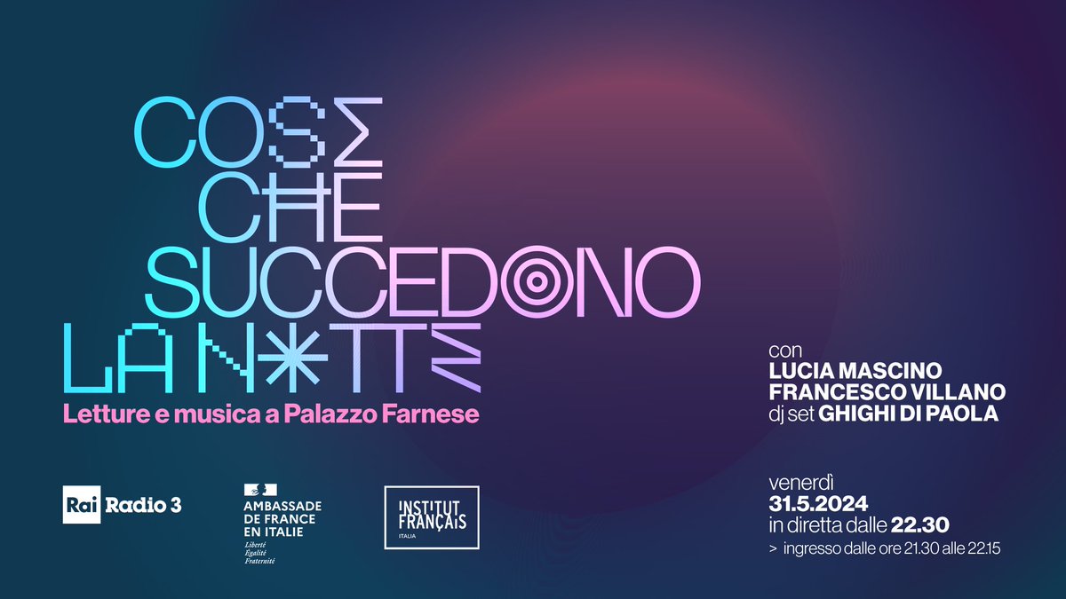 Una notte che si anima di parole e musica in un luogo carico di fascino: la sera del 31 maggio saremo in diretta dal Palazzo Farnese, a Roma, con le letture di Lucia Mascino, Francesco Villano e il dj set di Ghighi di Paola. Per saperne di più, qui bit.ly/raccontarelano…