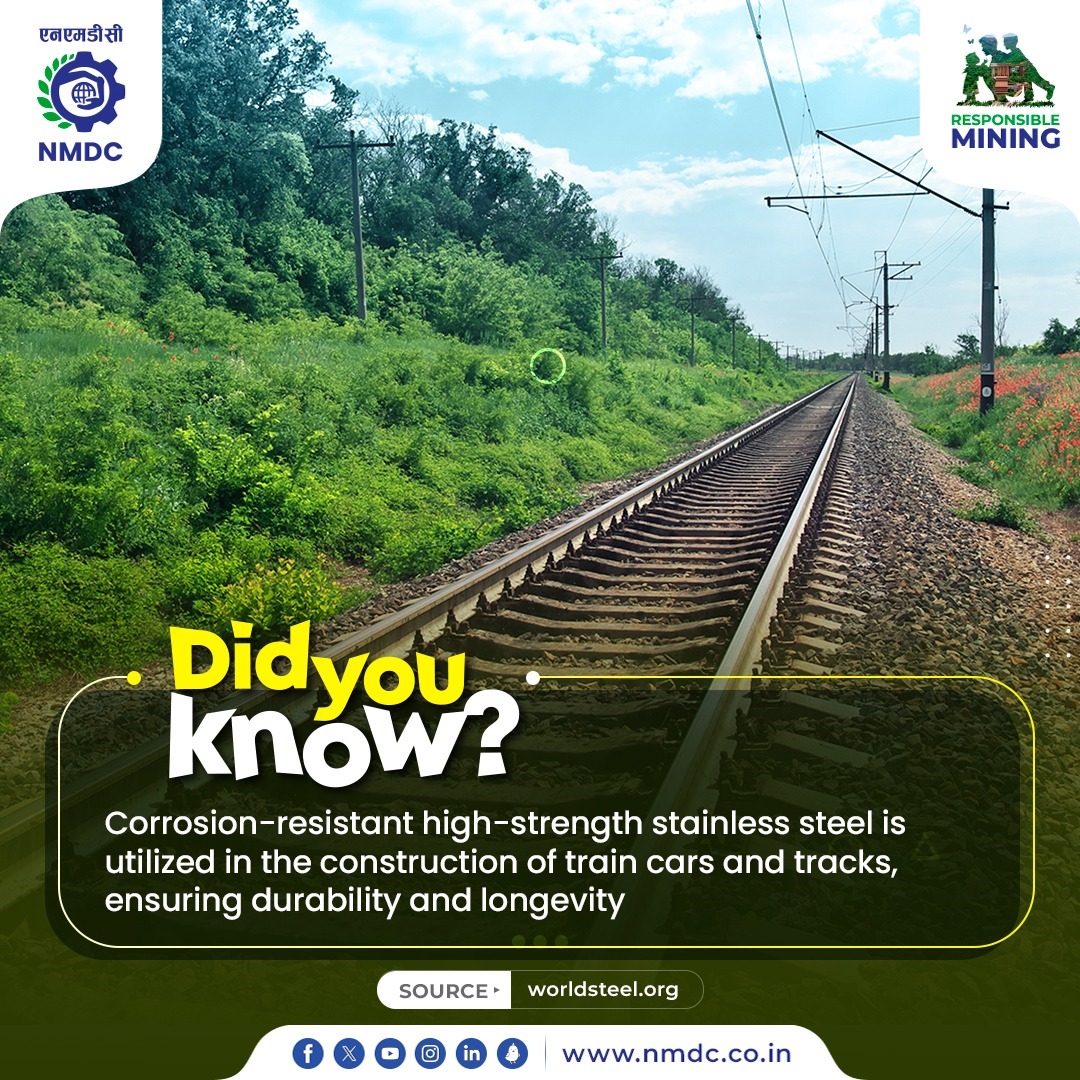 Stainless steel: the backbone of the Railways. From train cars to foot-over-bridges, it withstands heavy loads and harsh conditions. Its strength, corrosion resistance, and recyclability make it the ideal choice for railways.