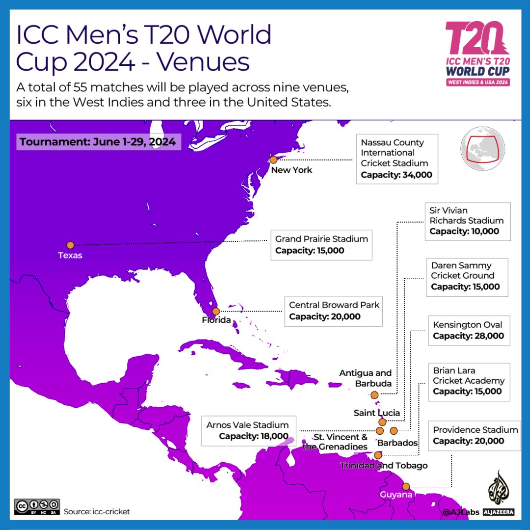 All you need to know about the ICC T20 World Cup 2024 stadiums in the US and West Indies. 🔗: aje.io/2m474u