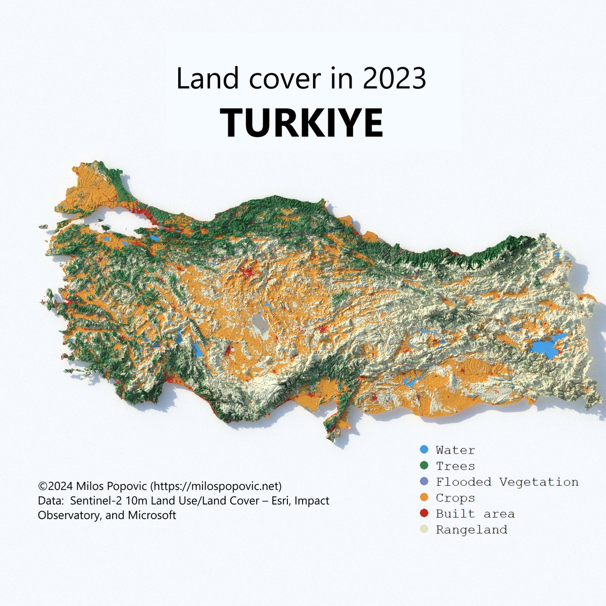 Delighted to showcase my latest work: a 3D land cover map of Turkiye. Created with the Esri dataset, it highlights the country's rich landscapes and land classes.

Map enthusiasts, check out my tutorial for tips and start mapping: youtu.be/y_Kzg24Ciuo