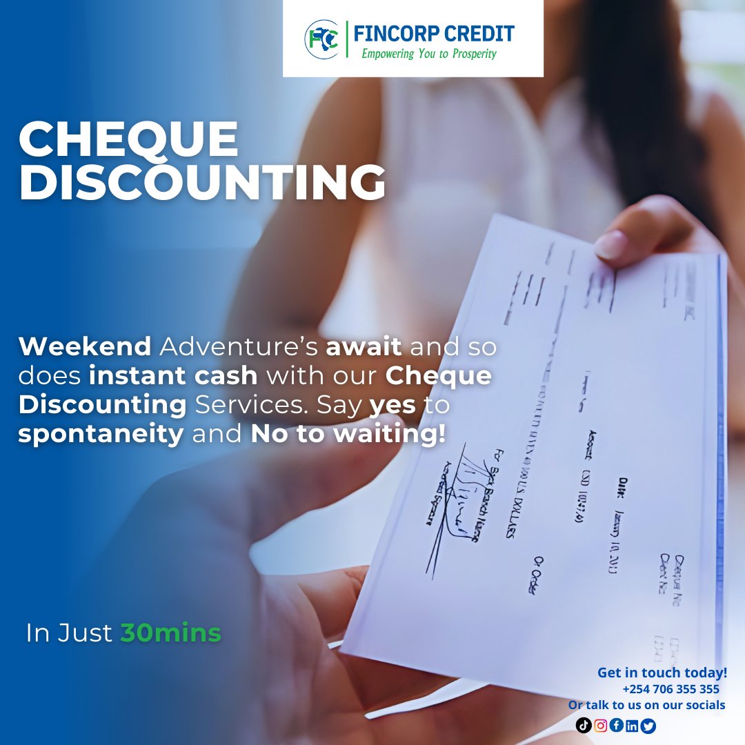 FinCorpCredit's tweet image. Weekend Adventures await and so does instant cash With our Cheque Discounting Services. Say yes to spontaneity and No to Waiting!
For more info visit:fincorpcredit.co.ke
#chequediscounting
#fincorpcredit