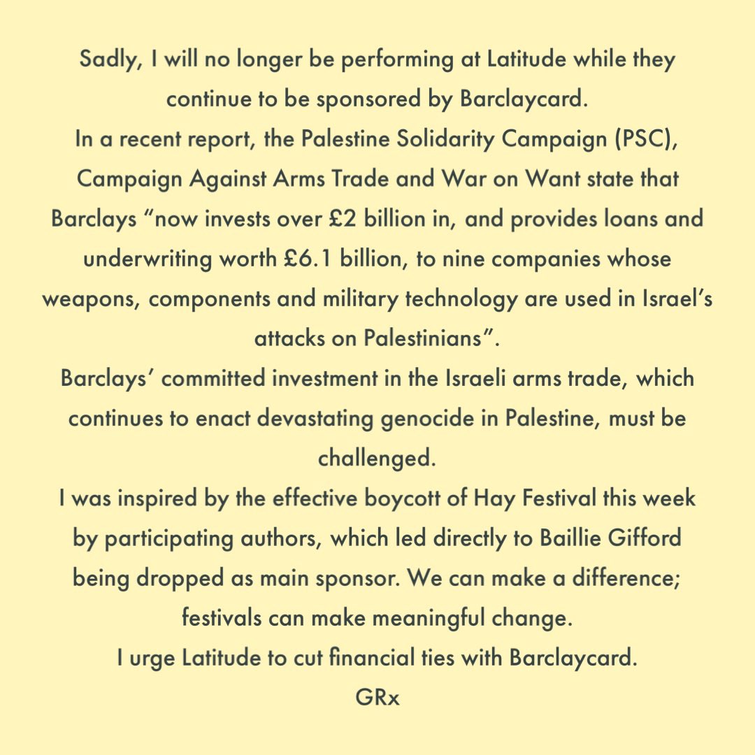 Sadly, I’ve decided to withdraw from @LatitudeFest this July. Here’s an explanation. Mewn nerth a chariad. GRx #BoycottBarclays