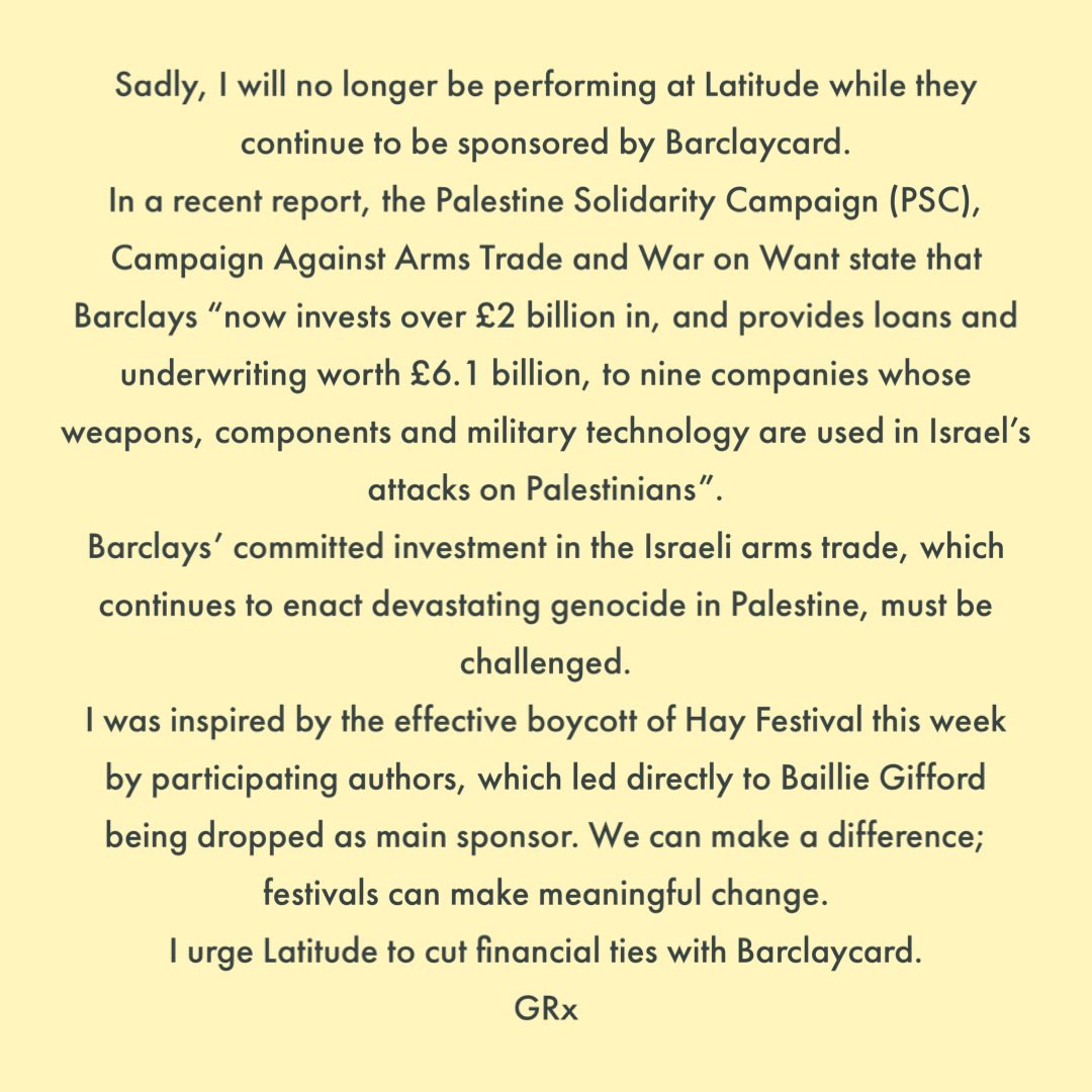 Sadly, I’ve decided to withdraw from <a href="/LatitudeFest/">Latitude Festival</a> this July. Here’s an explanation. Mewn nerth a chariad. GRx #BoycottBarclays