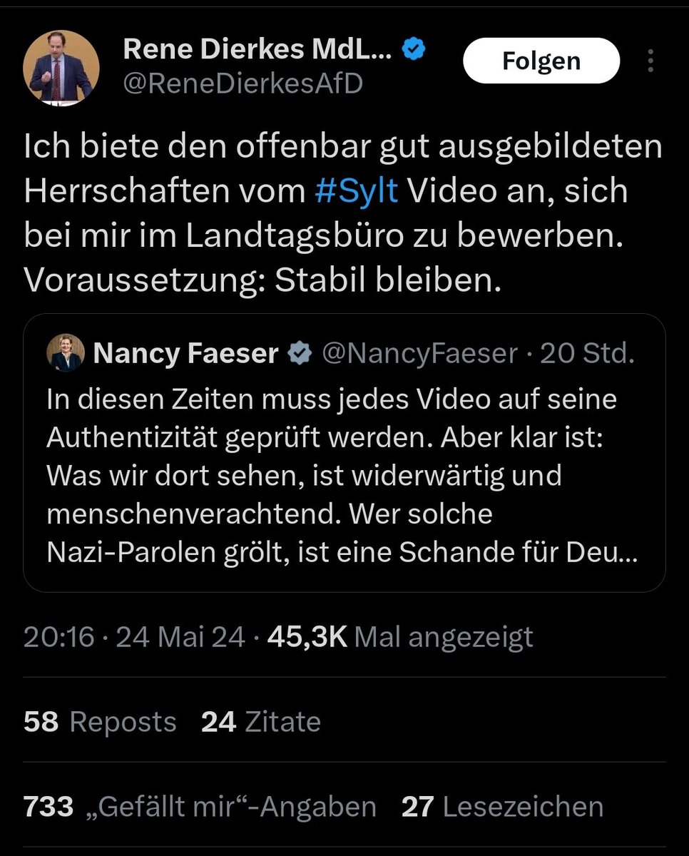 FreSchindler's tweet photo. Der bayerische AfD-Landtagsabgeordnete Rene Dierkes nennt das Singen der Neonazi-Parole »Deutschland, den Deutschen, Ausländer raus« »stabil« &amp; bietet den Leuten aus dem #Sylt-Video an, sich bei ihm zu bewerben. In weiteren Postings deutet er an, das Lied »natürlich« mitzusingen https://t.co/bolVKAuLs0