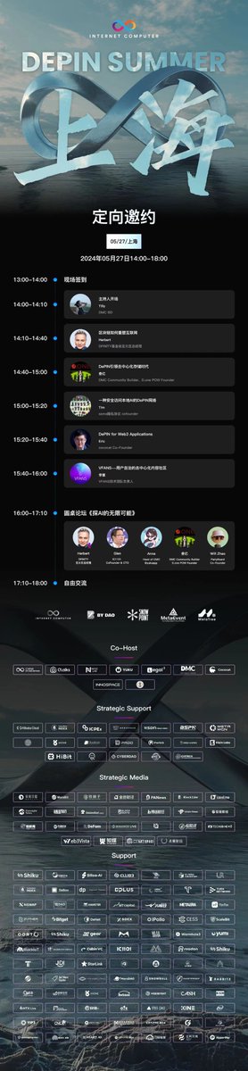 🌟 ICP中国行：上海行活动即将开启！🌟 加入我们，参与5月17日在上海举办的“DePIN SUMMER”活动，这是ICP中国行的一部分，重点探讨区块链技术的未来！🚀 本次活动由 #ICP @MetaEventx #bydao #metatree #snowpoint 联合主办。 📍 地点： 中国上海 📅 日期： 5月27日 🔗