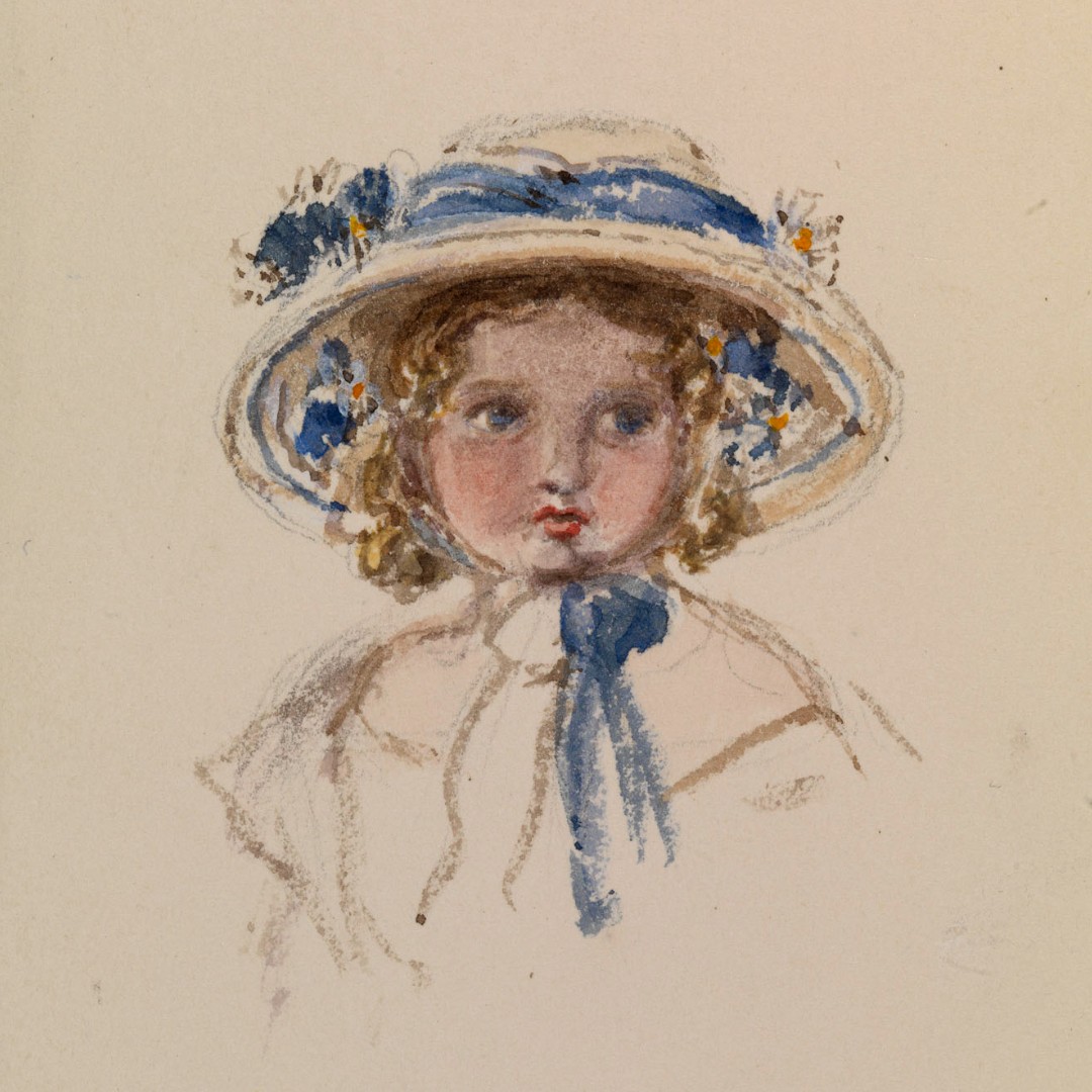 Queen Victoria and Prince Albert’s fifth child, Princess Helena, was born #OTD in 1846. This watercolour, by her mother Queen Victoria, shows the young princess at the age of three wearing a bonnet adorned with blue ribbons and flowers. bit.ly/3WNzluv