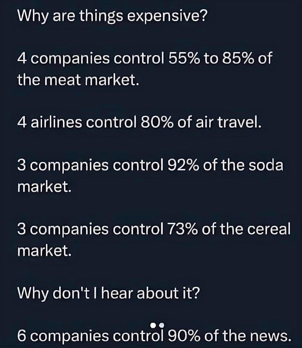 Good morning and Happy Saturday to everyone who agrees that it's time more people started putting the blame for high prices on the greedy corporations who control the MAJORITY of the market. And the news organizations largely responsible for BURYING this info.