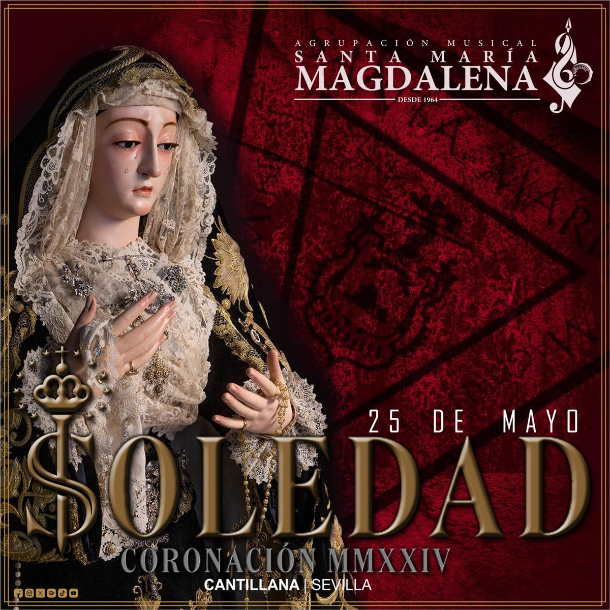 Hoy sábado 25 de mayo @AM_SMMagdalena acompañará abriendo el cortejo de la Coronación Canónica de Nuestra Señora de la Soledad, Patrona Canónica Apud Deum y Alcaldesa Mayor Perpetua de Cantillana. @hdad_la_soledad
