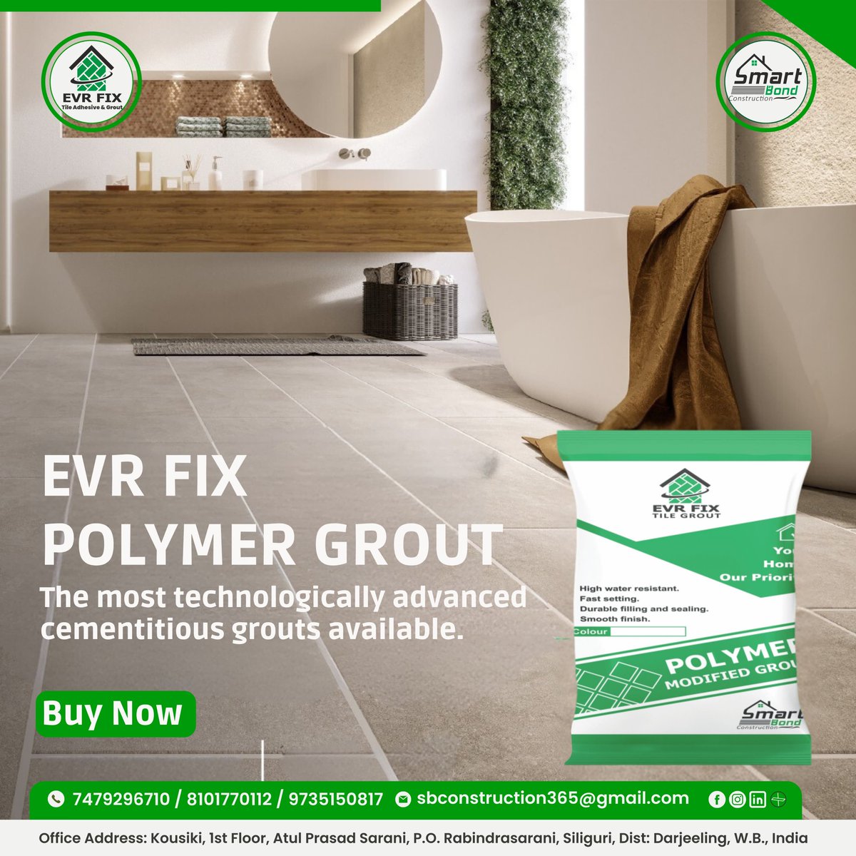 bond_smart's tweet photo. EVR FIX POLYMER GROUT
The most technologically advanced cementitious grouts available.
Visit and buy Now!!
#TileAdhesive #WallPutty #evrfix #bonde #Coatings #flooring #Waterproofing #westbengal #Siliguri #Sealants https://t.co/ifELhj6iMF