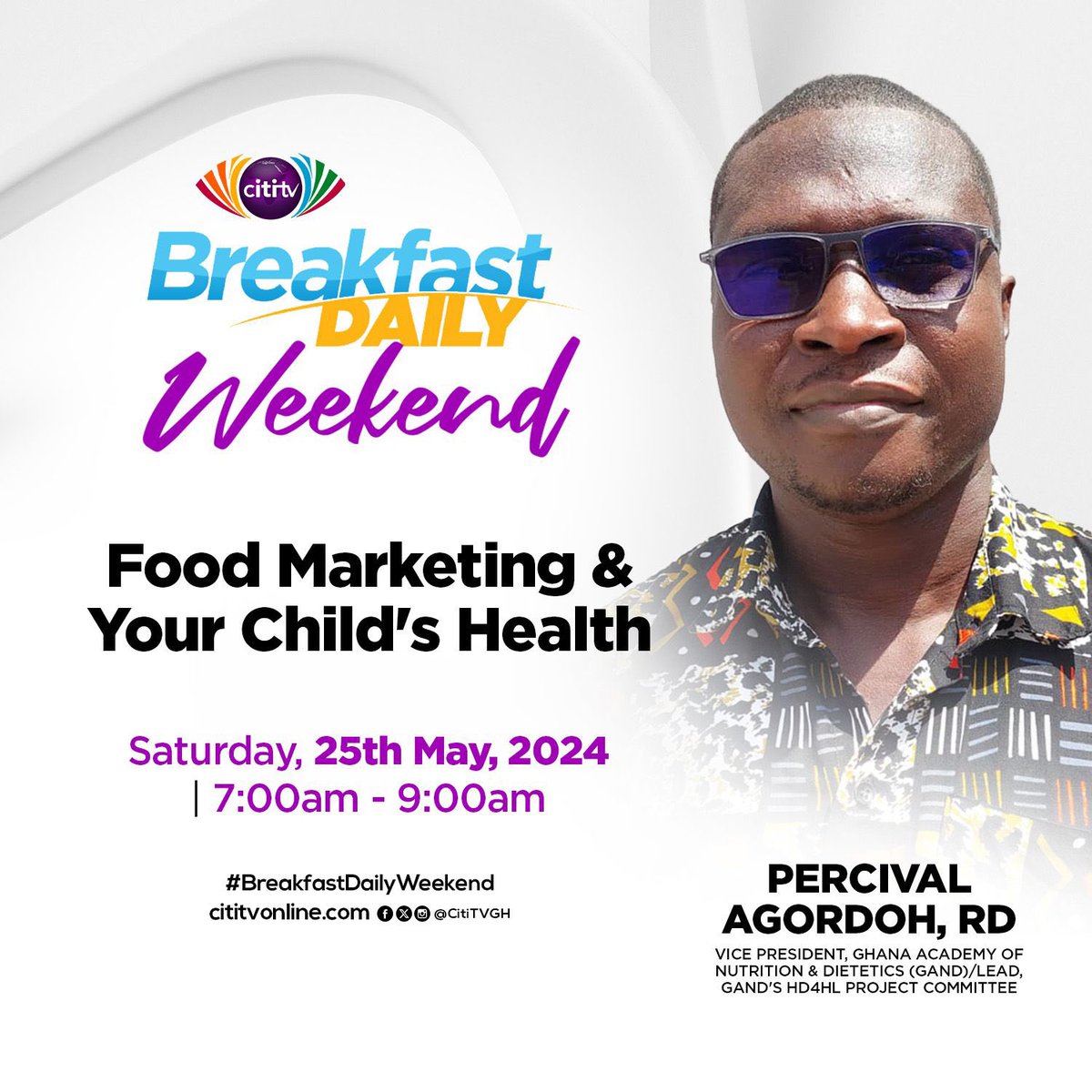 Join us this morning on #BreakfastDailyWeekend as we explore food marketing and the safety of your child’s nutrition with expert Percival Delali Agordoh, Ghana Academy of Nutrition & Dietetics(GAND). Don’t miss this insightful discussion! Live stream here: