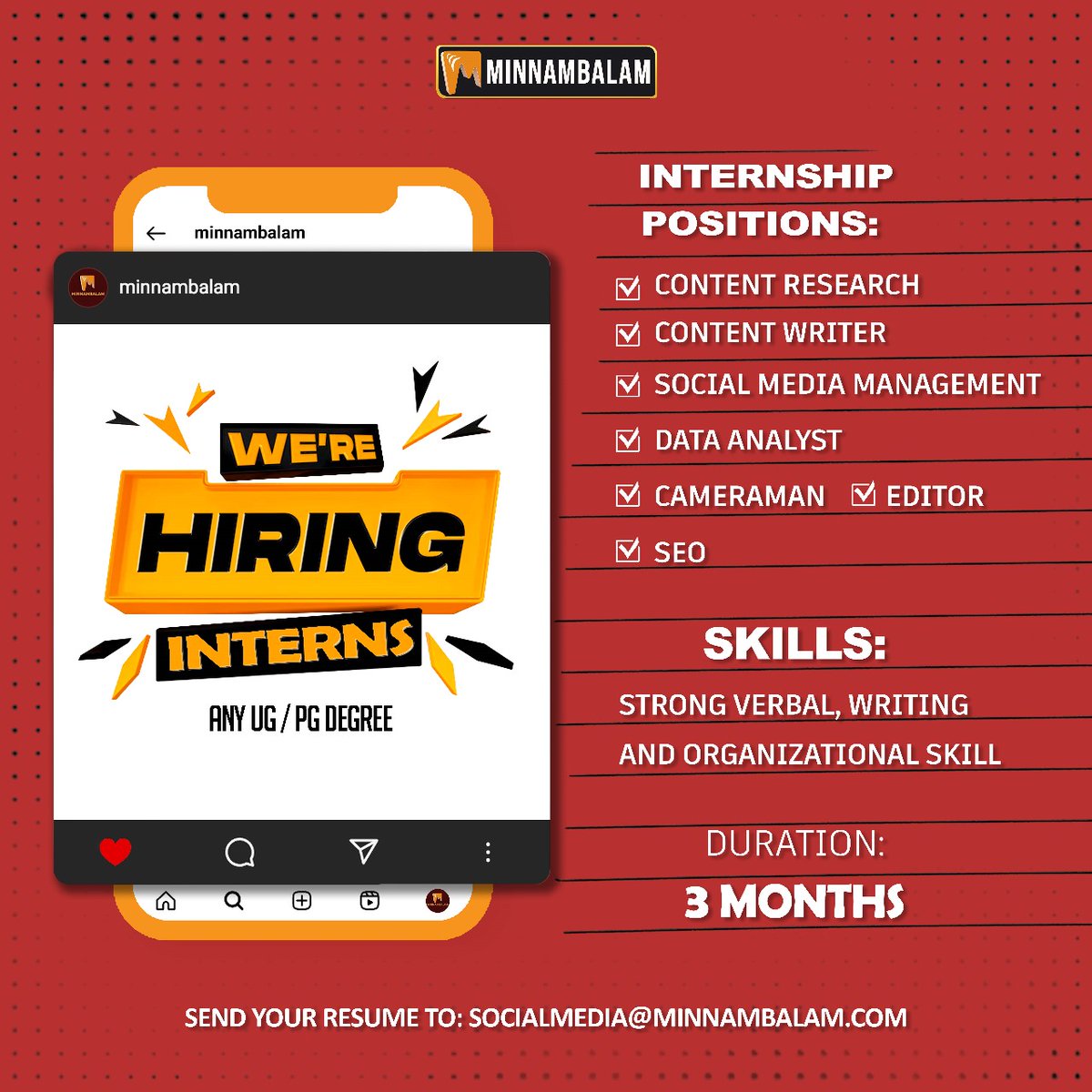 We are excited to offer a 3-Month Special Internship! 🤩 If you have strong verbal and writing skills and dream of working in the media industry, this is your opportunity. 📑 Submit your CV to socialmedia@minnambalam.com. #Minnambalamplus #internship #media #digitalmedia