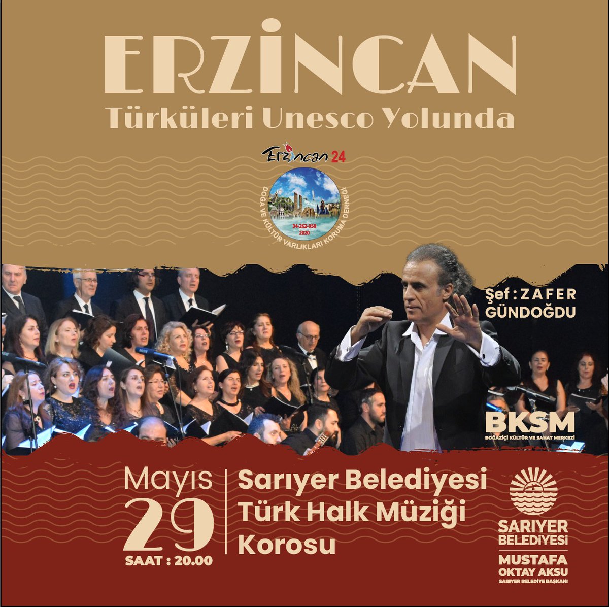 Şef Zafer Gündoğdu yönetiminde, Sarıyer Belediyesi Türk Halk Müziği Koromuzun birbirinden değerli eserleri seslendireceği 'Erzincan Türküleri UNESCO Yolunda' konserine tüm sanatseverler davetlidir.