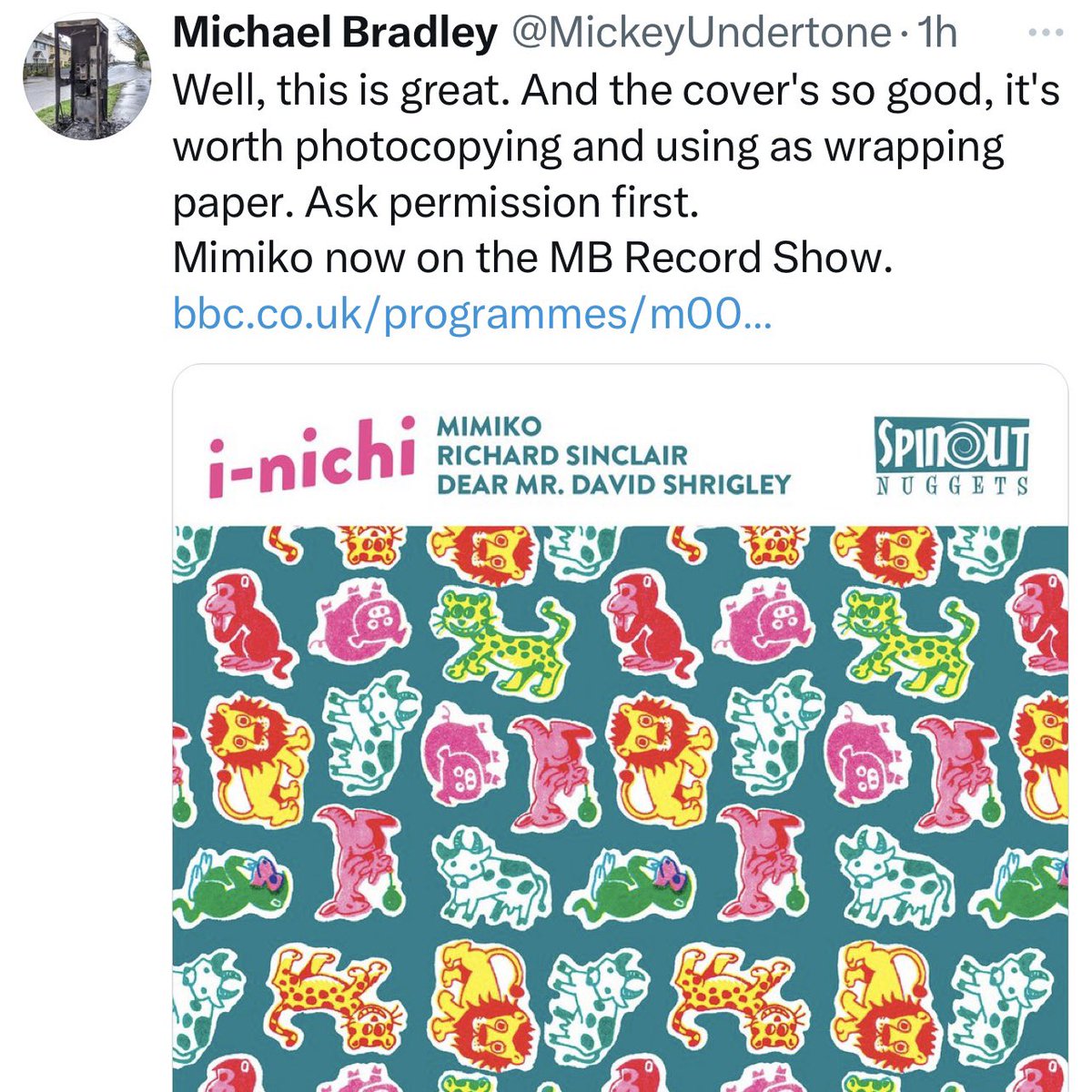 Many thanks to @MickeyUndertone for playing i-nichi’s ‘Mimiko’ on The Mickey Bradley Record Show last night. You can hear the whole show here - bbc.co.uk/sounds/play/m0…