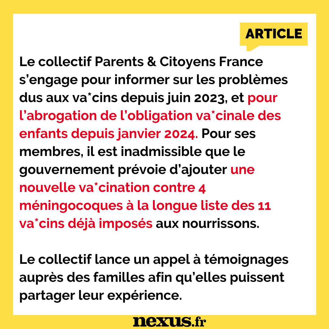 APPEL À TÉMOIGNAGES : Un collectif s’engage pour l’abrogation de l’obligation vaccinale des enfants et le respect du consentement libre et éclairé. 👉 nexus.fr/actualite/vacc…