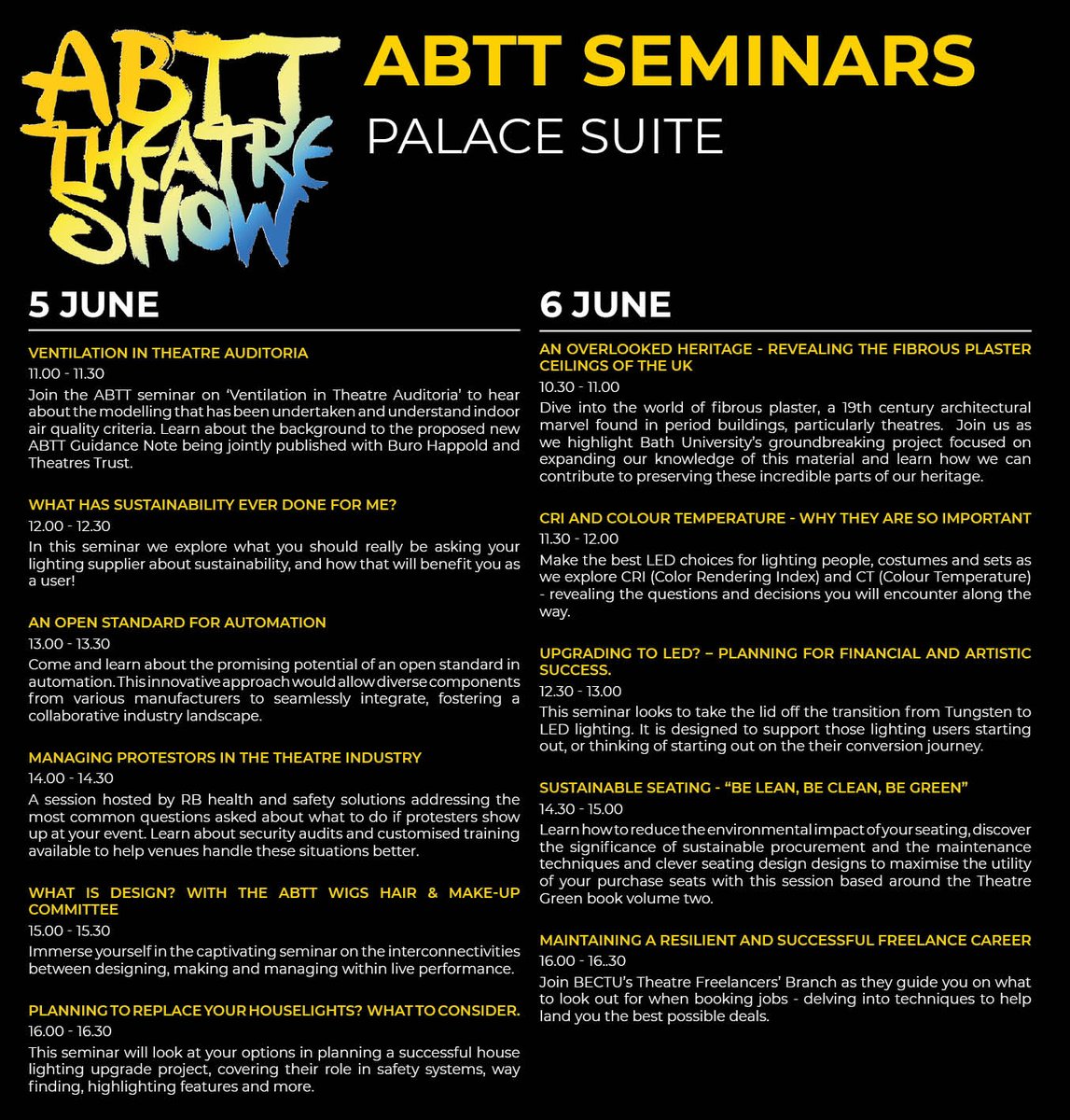 We cannot wait to see you all at the ABTT Theatre Show and look forward to bringing a wide-range of seminars and discussions on various topics currently of interest to the Industry. Find out about the confirmed Seminars here: abtt.org.uk/abtt-theatre-s… #ABTT #Theatre #backstage
