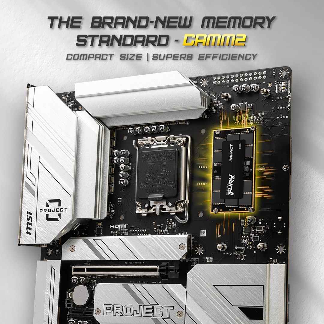 MSI and @kingstontech are previewing the next big revolution in memory design! 🙌Featuring our Z790 PROJECT ZERO PLUS! 😎 The Kingston FURY Impact DDR5 CAMM2 prototype module demonstrates a compact size, thin profile, and potential overclock performance.