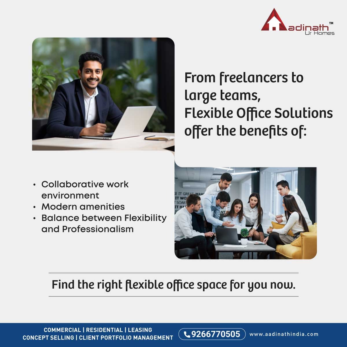 Flexible office solutions are changing the way we work by offering adaptable spaces for freelancers, large teams, and everyone in between. Find the perfect office space for your team today. #TeamCollaboration #AadinathIndia #OfficeSpaces #ShopSpaces #AadinathUrHomes