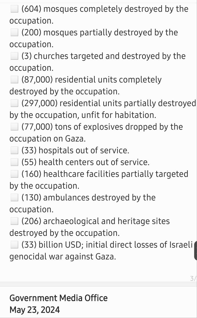 Alraypsen's tweet photo. 230 days of the Israeli genocidal war waged on the Gaza Strip.
An update by the Government Media Office in Gaza.
Thursday, May 23, 2024.

#Gaza
#GazaGenocide https://t.co/RJFgxnSWw1