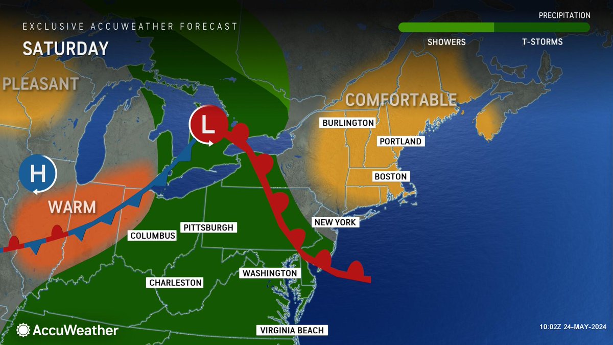 WEATHER @accuweather SATURDAY •Today Mostly cloudy. Heavy thunderstorms. High 82. •Tonight A thunderstorm in spots. Mainly clear. Low 61. •Sunday A mix of clouds and sun. High 84.