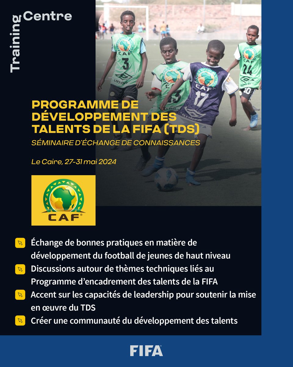 FecofaRdc's tweet photo. Rejoins-nous pour le Séminaire d’Échange de Connaissances du Programme de Développement des Talents de la FIFA (TDS) au Caire, qui commencera le lundi 27 mai ! 1/3

#FIFA #football #TalentDevelopmentScheme #everytalent #TDS https://t.co/18HEfNWvbv