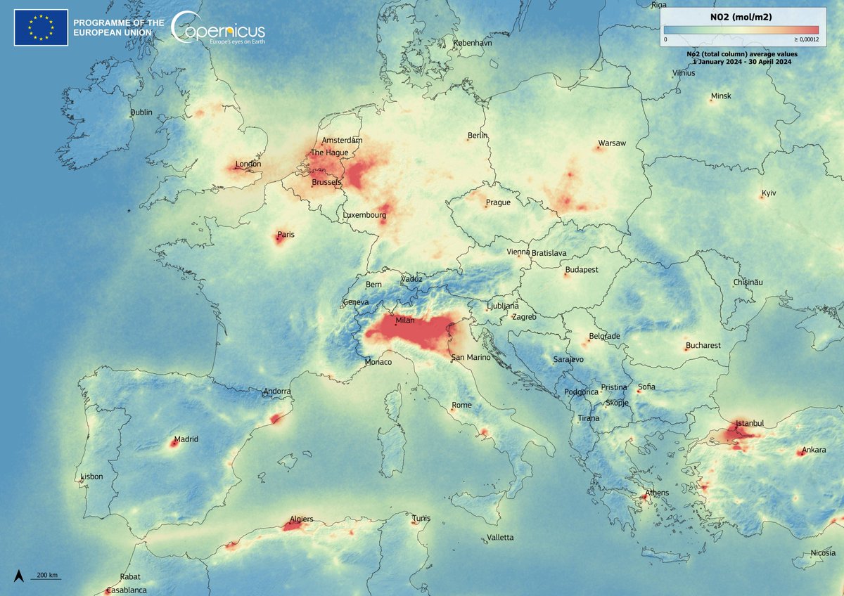 #AirPollution causes thousands of premature deaths every year

#Copernicus🇪🇺🛰️#OpenData are used to monitor #AirQuality and to support innovative mitigation and adaptation solutions

⬇️Total column Nitrogen Dioxide (#NO2) measurements retrieved by #Sentinel5P for Jan-Apr 2024