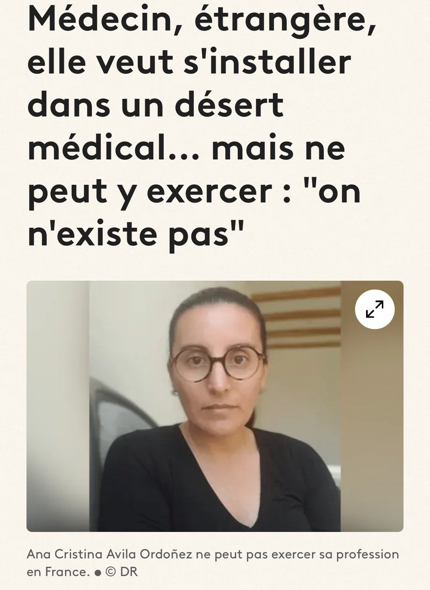 🧑🏽‍⚕️ La France, en manque de médecins généralistes, refuse à cette médecin sud-américaine d’exercer, même comme stagiaire. Elle devient hôtesse d’accueil dans une clinique, alors que médecin diplômée !
🇪🇸 Elle partira en Espagne où elle a déjà reçu 5 offres d’emploi comme médecin.