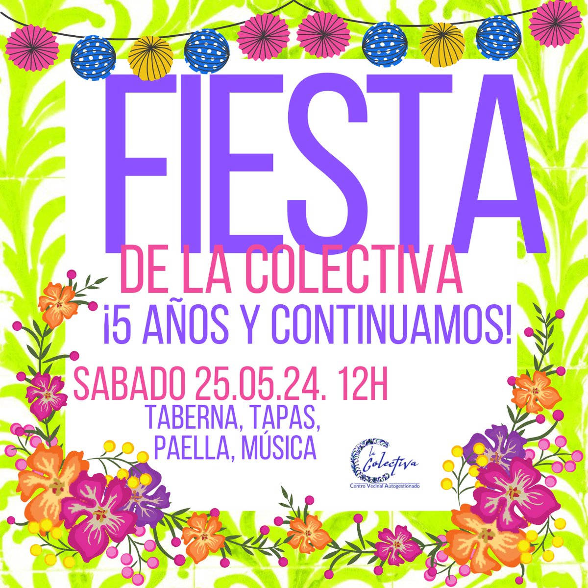 Hoy sábado 25

V ANIVERSARIO DEL <a href="/CVAlacolectiva/">La Colectiva</a>!!!

Vente a celebrar 5 años de rebeldía, apoyo mutuo, ecologismo, feminismo, lucha LGTBIQ+, anticapitalismo, urbanismo social, solidaridad...

Desde las 12h con tapitas, paella, música, bingo musical, necroporra del emerito...