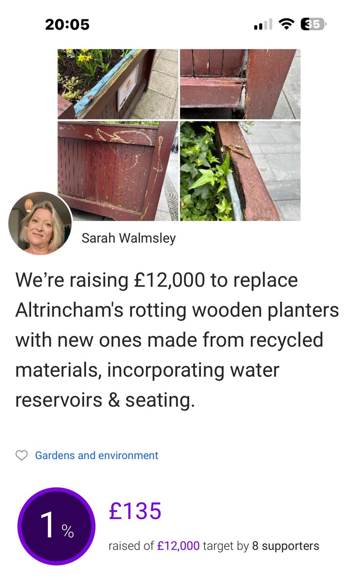 1% down. Only 99% to go!

justgiving.com/crowdfunding/W…

Let’s get these knackered old planters replaced with more long-lasting ones with integrated seating. Street furniture can greatly enhance our town but some areas need a significant uplift.