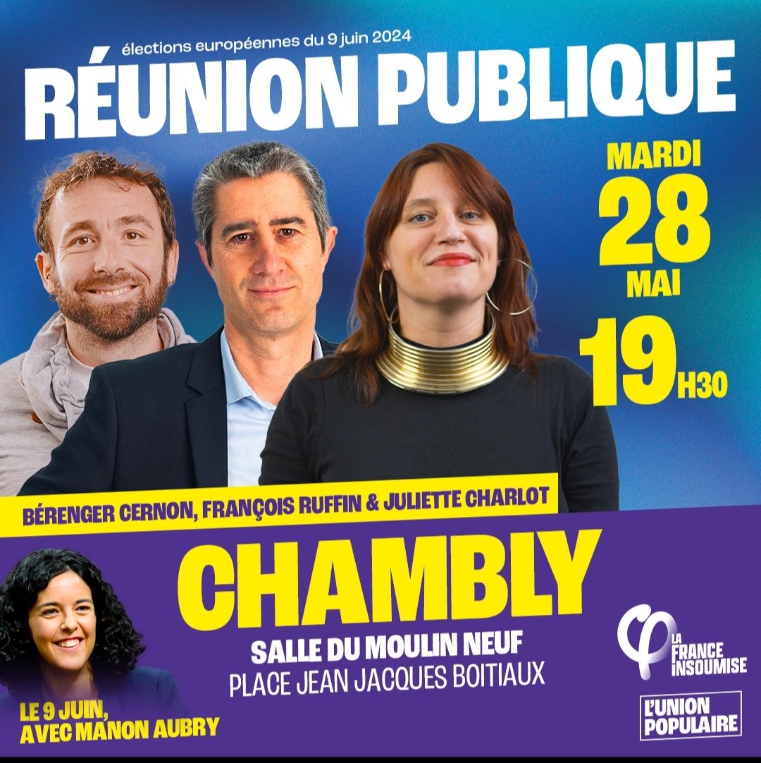 Rendez vous est pris ac @Francois_Ruffin et @Ju_Charlot à Chambly pour y parler Europe, lutte sociale, ferroviaire, grands projets inutiles et plein d'autres trucs supers sympas ! Alors rendez vous le mardi 28 mai, 19h30 et à la fin, c'est nous qu'on va gagner 😉 👊✊.