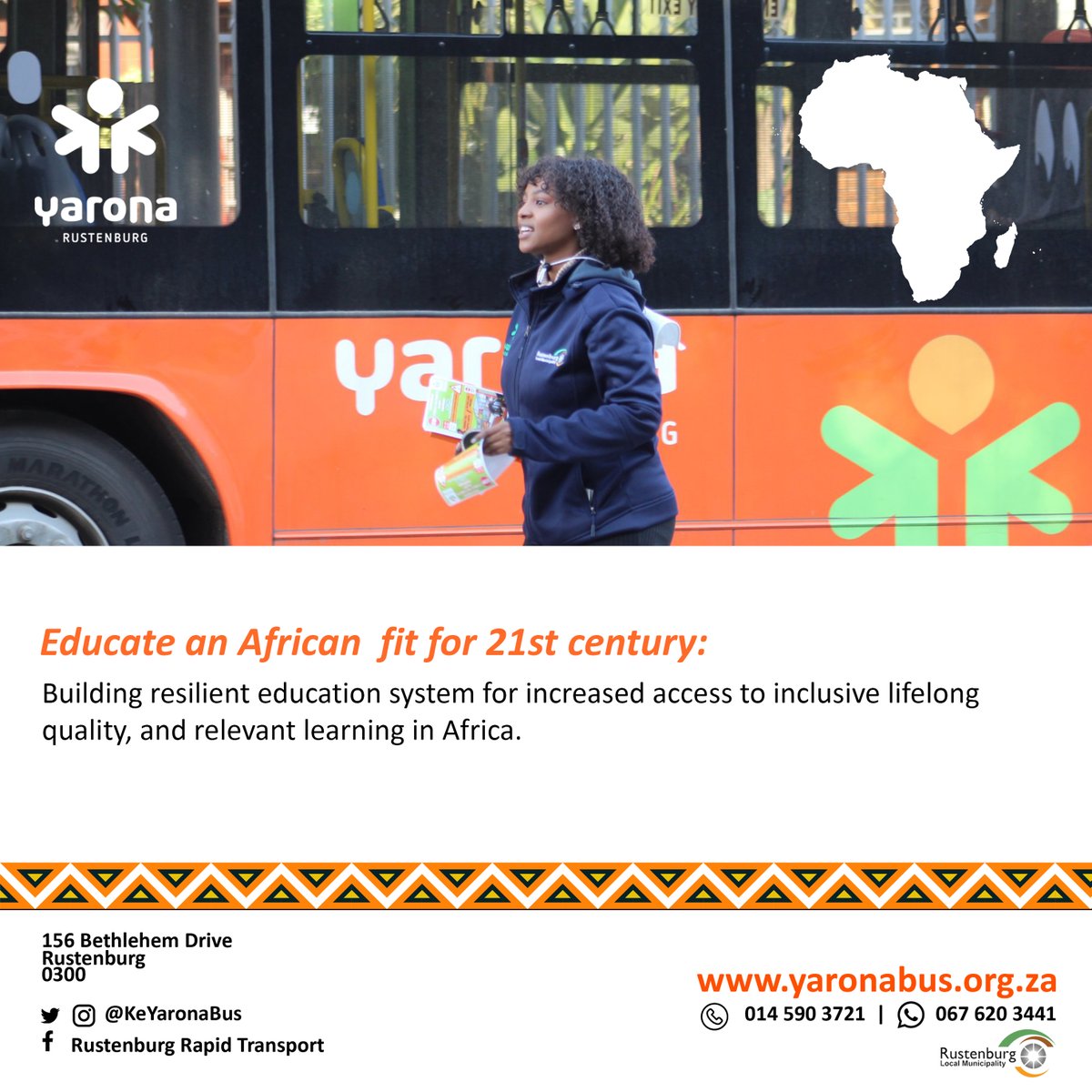 KeYaronaBus's tweet photo. Educate an African fit for the 21st Century: Building resilient education   systems for increased access to inclusive, lifelong, quality, and relevant   learning in Africa."

#KeYarona #AfricaDay https://t.co/qO4UxvTUKb