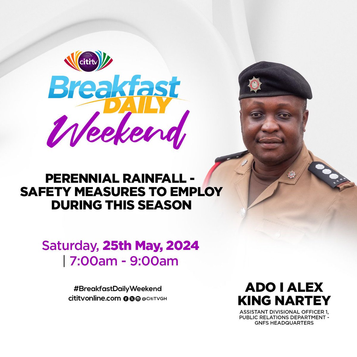 Joining us this morning is Ado 1 Alex King Nartey, Assistant Divisional officer 1(GNFS headquarters) to discuss crucial safety measures to adopt during this rainy season on #BreakfastDailyWeekend. Tune in now!