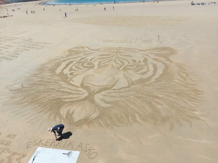 Amazing sand #art in beautiful San  Sebastian, Spain. #creative #tiger #beach #sea