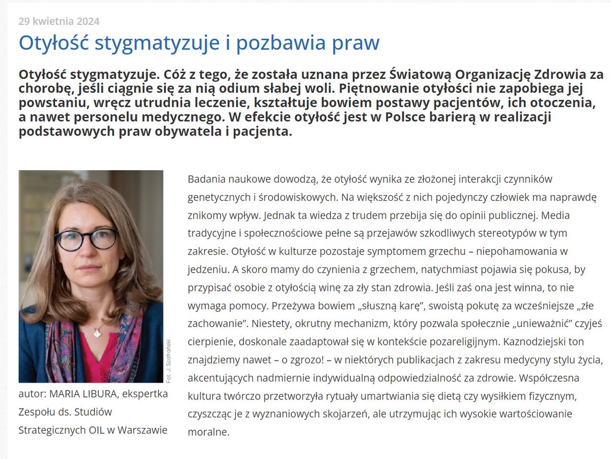 W popularnej kulturze otyłość jest przejawem braku samodyscypliny. Piętnowanie otyłości nie zapobiega jej powstaniu, wręcz utrudnia leczenie, kształtuje bowiem postawy pacjentów, ich otoczenia, a nawet personelu medycznego, piszę dla #puls @OILWarszawa  izba-lekarska.pl/numer/numer-5-…