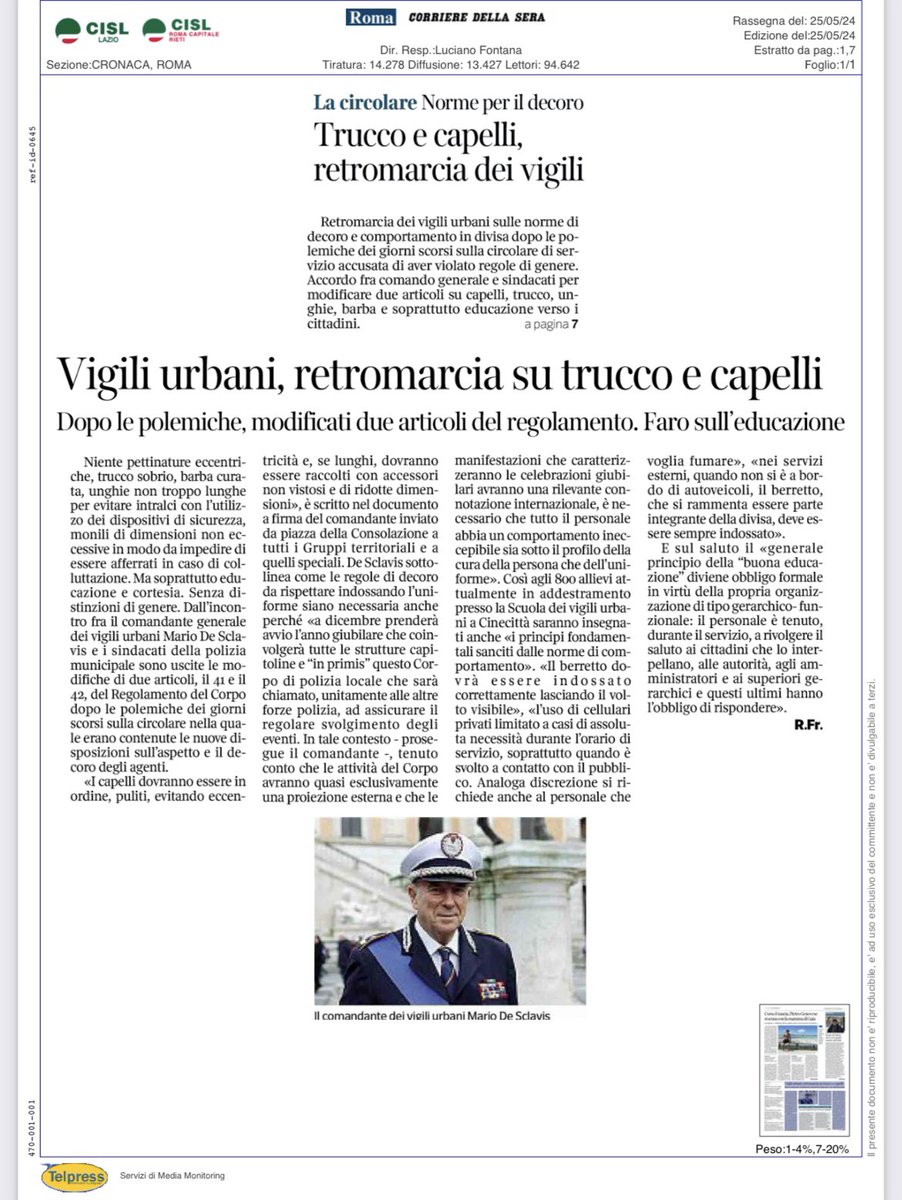 CislRomaRieti's tweet photo. Messaggero e Corriere della Sera #Roma 
Giubileo,dietrofront sul dress code dei vigili della Capitale.Via le restrizioni
discriminanti.
Coppotelli: “avevamo ribadito come fossero piuttosto necessari strumenti di lavoro per gli agenti affinché lavorassero in sicurezza e serenità”. https://t.co/4ImaXROBtJ