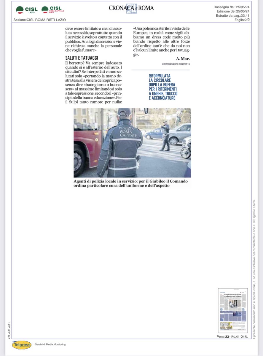 CislRomaRieti's tweet photo. Messaggero e Corriere della Sera #Roma 
Giubileo,dietrofront sul dress code dei vigili della Capitale.Via le restrizioni
discriminanti.
Coppotelli: “avevamo ribadito come fossero piuttosto necessari strumenti di lavoro per gli agenti affinché lavorassero in sicurezza e serenità”. https://t.co/4ImaXROBtJ