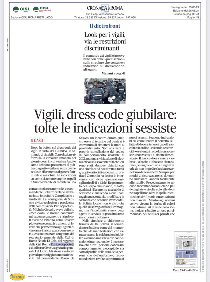 CislRomaRieti's tweet photo. Messaggero e Corriere della Sera #Roma 
Giubileo,dietrofront sul dress code dei vigili della Capitale.Via le restrizioni
discriminanti.
Coppotelli: “avevamo ribadito come fossero piuttosto necessari strumenti di lavoro per gli agenti affinché lavorassero in sicurezza e serenità”. https://t.co/4ImaXROBtJ