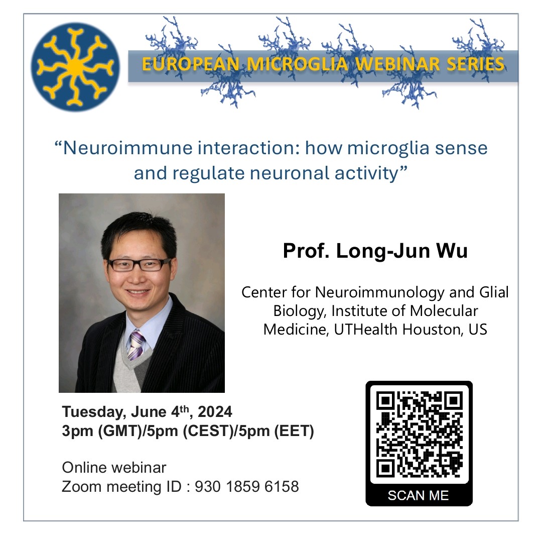 European Microglia Webinar Series (@microgliaseries) on Twitter photo 📢 New webinar coming soon 📢
Dr. Long-Jun Wun <a href="/LongJun_Wu/">Wu Lab at UTHealth</a> from Center for Neuroimmunology and Glial Biology <a href="/CNG_UTHealth/">CNG at UTHealth Houston</a> will be our next speaker. Check all the information in the flyer and add it to your calendar! 📢 New webinar coming soon 📢
Dr. Long-Jun Wun <a href="/LongJun_Wu/">Wu Lab at UTHealth</a> from Center for Neuroimmunology and Glial Biology <a href="/CNG_UTHealth/">CNG at UTHealth Houston</a> will be our next speaker. Check all the information in the flyer and add it to your calendar!