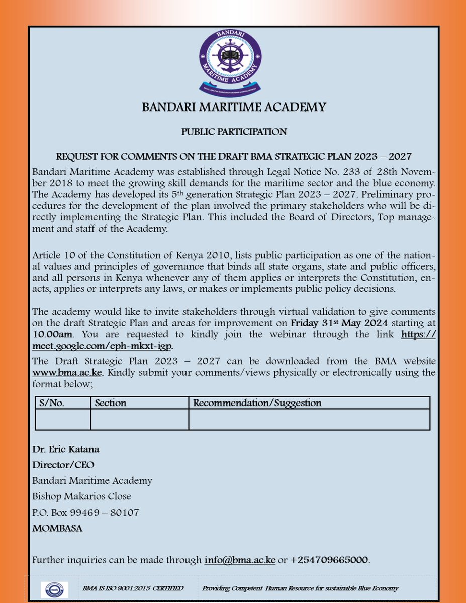 BandariMA's tweet photo. Let you voice count! The countdown starts now, read the BMA Strategic Plan, share your views and invite your friends to participate in this noble activity. #PublicParticipation
#PUBLICNOTICE
#LetYourVoiceCount https://t.co/uJQV9v8OJr