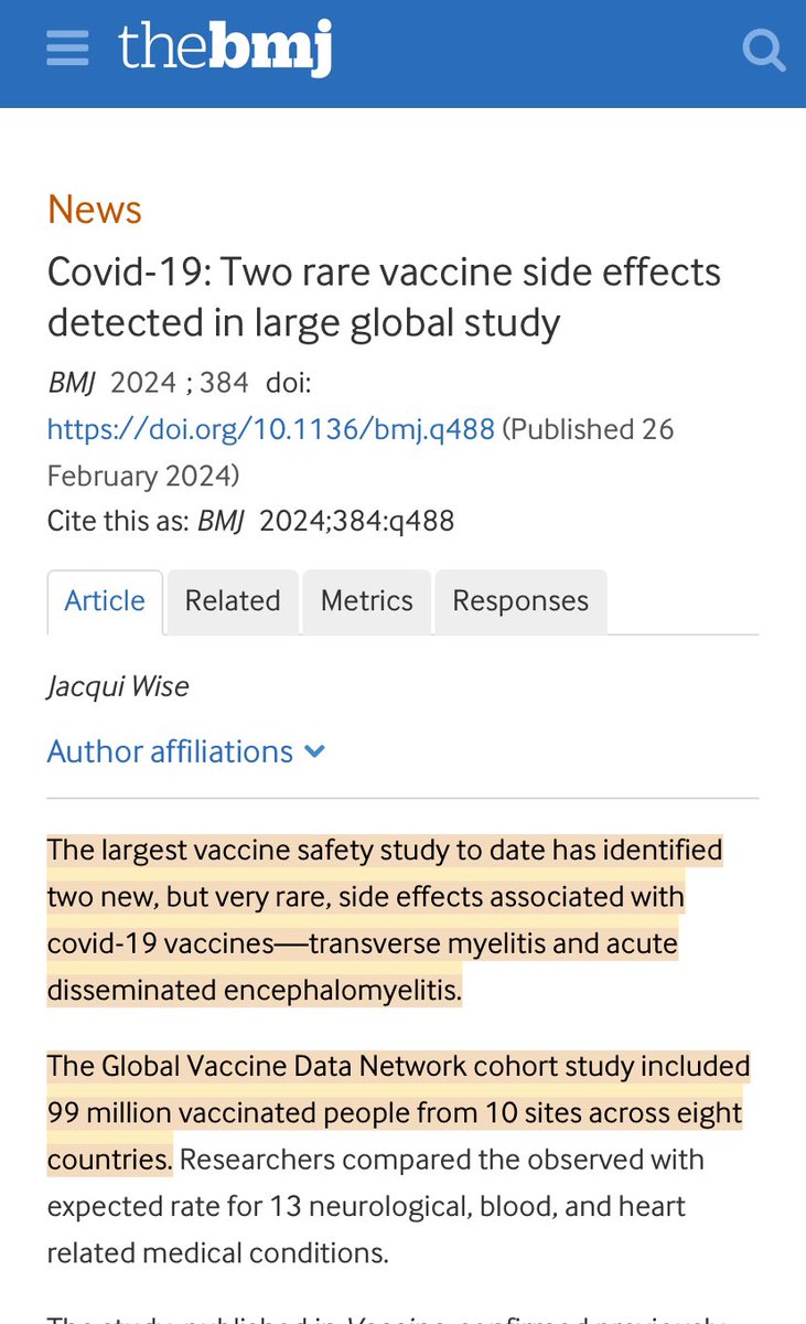 In addition to ‘significantly higher’ risks of myocarditis, pericarditis and  Guillan Barre Syndrome, large global study detects two further ‘rare’ vaccine side effects - transverse myelitis and acute disseminated encephalomyelitis.

#SafeAndEffective