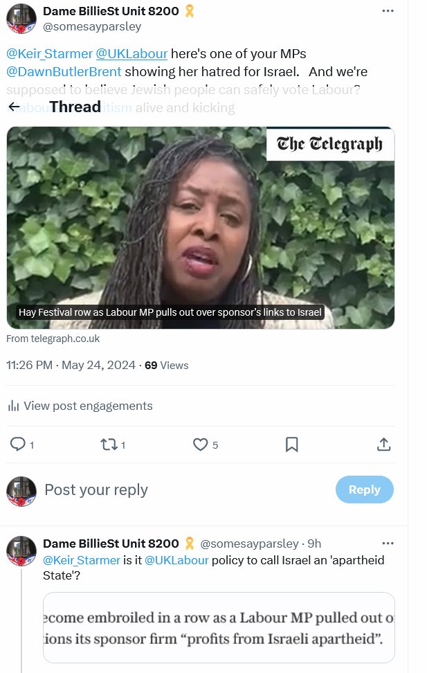 Here's @DawnButlerBrent who thinks it's okay for a Labour MP to call Israel an 'apartheid state' If @Keir_Starmer believes he's removed Labour antisemitism by its roots, he's still got a hell of a lot of digging to do.