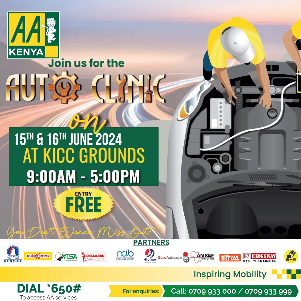 Save the dates! On 15th and 16th June, 2024, AA Kenya is hosting an Auto Clinic at the KICC grounds. The event will bring together experts from the mobility industry, showcasing the latest technological advancements. We have a lot of free services and fun road safety activities