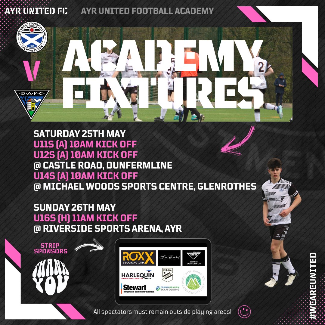 Our @AyrUnitedFC youth teams are in action this weekend against @officialdafcYA ⚽️ We hope that everyone enjoys their football 🤩 Thanks to our sponsors for supporting our teams #WeAreUnited 🤝🖤🤍