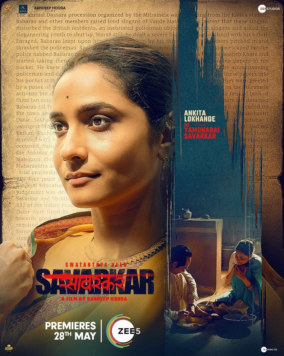 Behind every successful revolutionary, there is a woman… like Yamunabai Savarkar. This 28th May, watch how she silently battled hard to keep #SwatantryaVeerSavarkar going, on ZEE5! #ZEE5Global #ReliveSavarkarOnZEE5 #VeerSavarkarOnZEE5 @ZeeStudios_ @RandeepHooda @anky1912