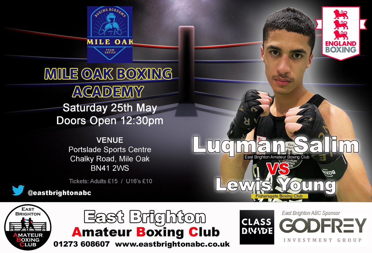 Next out for <a href="/EastBrightonABC/">East Brighton ABC</a> is Luqman Salim. He’s up against Lewis Young from Fishersgate ABC. All the action will take place today on the Mile Oak Show. Boxing starts at 1pm. <a href="/godfrey_living/">Godfrey Living</a> @crewclub