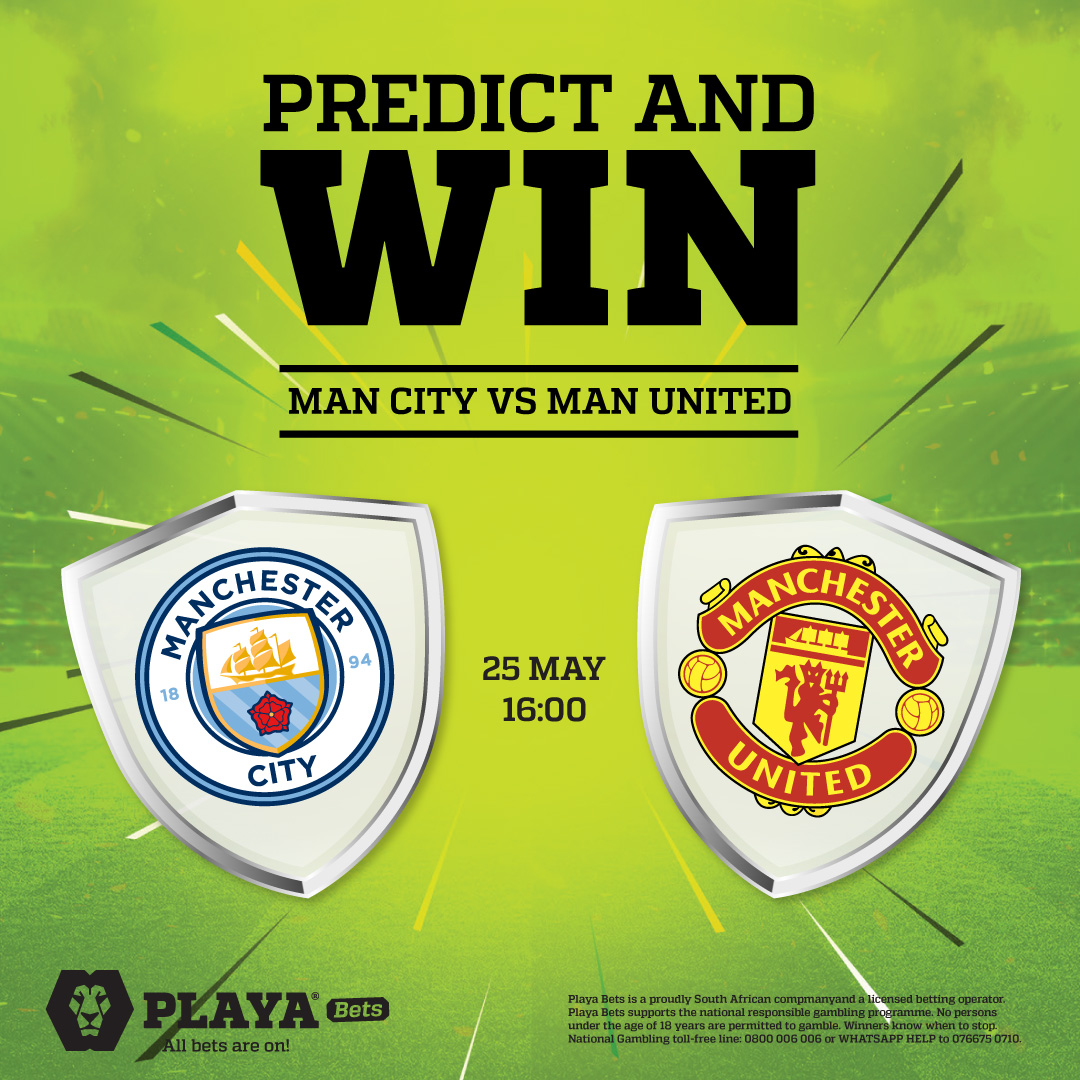 Playabets's tweet photo. #PlayaPredict and Win⚽🤩

Retweet &amp; Correctly predict the full-time score of the FA Cup Final between Man City and Man United to stand a chance to win a R25 betting voucher! 🤑

*Only one entry pp, before kick-off. 

Winners will be announced on Monday. 

Ts &amp; Cs Apply. https://t.co/NOLEktH7hZ