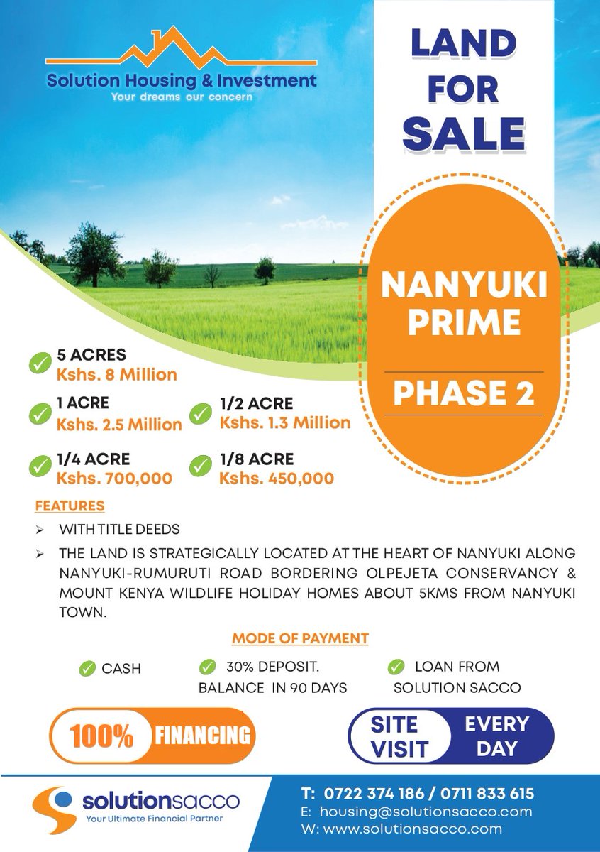 Sol_Sacco's tweet photo. Easily Purchase Nanyuki Prime Land with 100% Financing from Solution Sacco .
For More Information whatsapp us at 0110 599766
#yourultimatefinancialpartner
#solutionsacco https://t.co/6WStiTLzPY