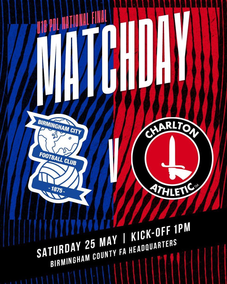 BCFCAcademy's tweet photo. It’s time for the Professional Development League Play-Off Final! 🏆

#BCFCu18s take on Charlton Athletic at Birmingham County FA Headquarters. 🏟️

Team news to follow. https://t.co/nyF2D2nBWL