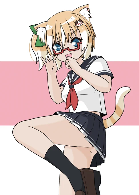 <このままハイキックできるよ!<スカートだからね?<そうですよ?私以外には見せちゃダメですよ?<はーい…どういうこと?#創作 #オリキャラ#ネコとイヌとメガネっ娘 