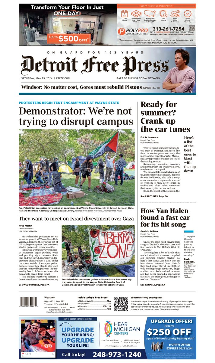 🇺🇸 Demonstrator: We're Not Trying To Disrupt Campus ▫Pro-Palestinian protesters begin tent encampment at Wayne State ▫Kylie Martin ▫is.gd/2CyuRw 👈 #frontpagestoday #USA @freep 🇺🇸