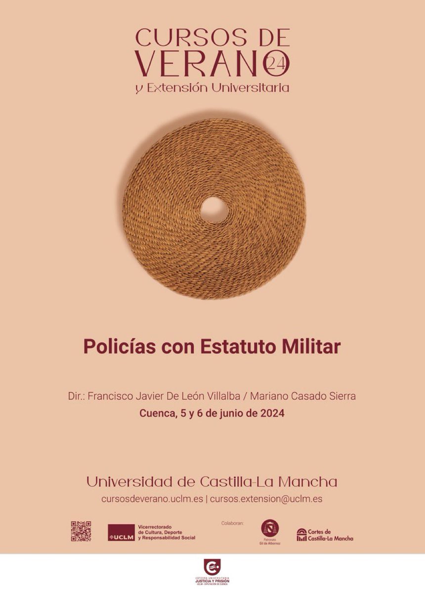 AUGC_Comunica's tweet photo. 🧑🎓👨🏻🎓Curso “POLICIAS CON ESTATUTO MILITAR”
FECHA: 5 y 6 de junio de 2024 LUGAR: UCLM - Campus de Cuenca; Facultad de CC. Sociales. INSCRIPCIÓN EN :
https://t.co/zvnKm6kHRm
El objeto de este curso es dar a conocer la visión que especialistas nacionales y extranjeros poseen sobre los diferentes cuerpos policiales, como la Guardia Civil; la cooperación con gendarmerías europeas o la extrapolación de estos temas al ámbito policial latinoamericano.
Este curso contará con la presencia de expertos en la materia, procedentes de las Fuerzas y Cuerpos de Seguridad, de la Magistratura, de las Administraciones Públicas, de la Universidad y de organizaciones como @AUGC_Comunica e internacionales como @EUROMILeurope y @Euro_COP